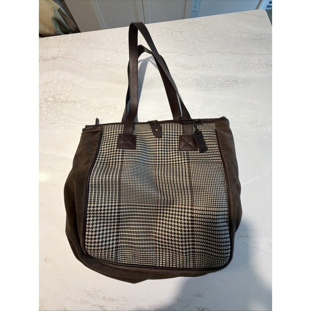 Ralph Lauren Herringbone Plaid Suede Tote Bag Large Brown Leather Handles Laptop - Picture 3 of 16